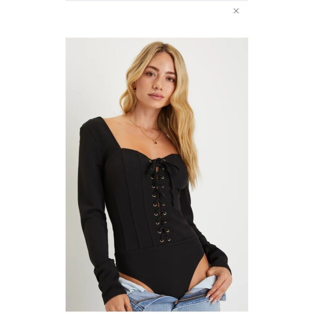 NWT Lulus Lace Up Corset Long Sleeve Bodysuit Black Medium